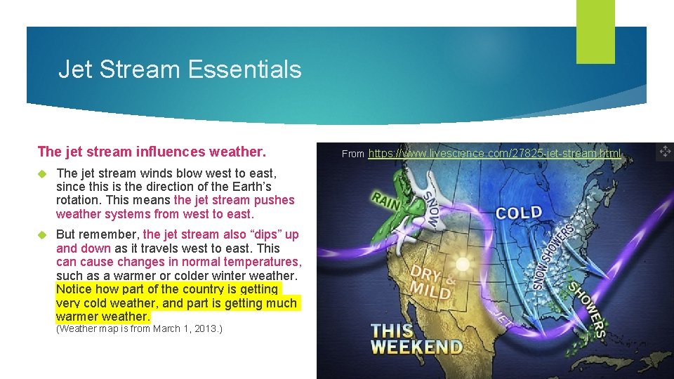 Jet Stream Essentials The jet stream influences weather. The jet stream winds blow west