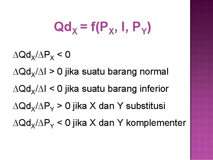 Qd. X = f(PX, I, PY) Qd. X/ PX < 0 Qd. X/ I