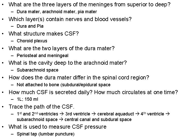  • What are three layers of the meninges from superior to deep? –