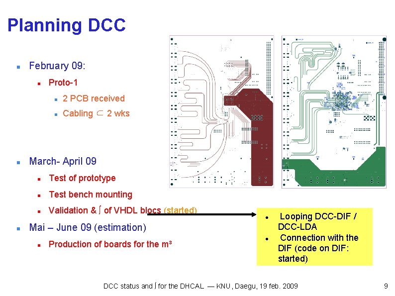 Planning DCC February 09: Proto-1 2 PCB received Cabling ⊂ 2 wks March- April