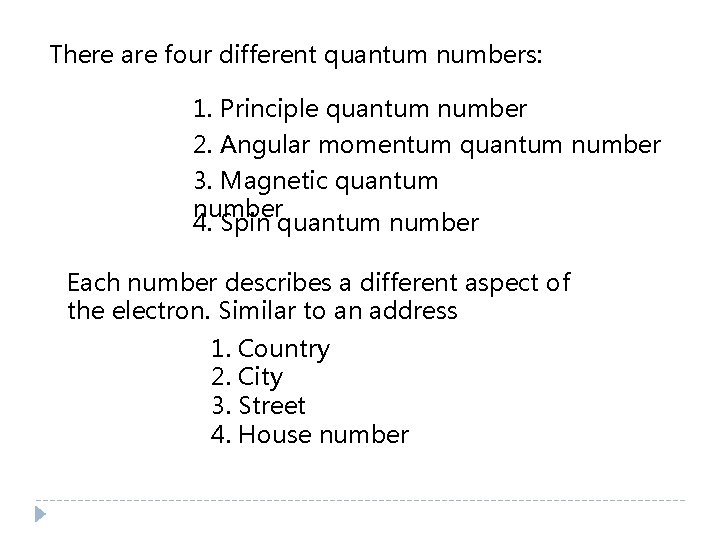 There are four different quantum numbers: 1. Principle quantum number 2. Angular momentum quantum There are four different quantum numbers: 1. Principle quantum number 2. Angular momentum quantum