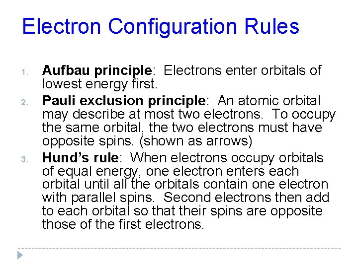 Electron Configuration Rules 1. 2. 3. Aufbau principle: Electrons enter orbitals of lowest energy Electron Configuration Rules 1. 2. 3. Aufbau principle: Electrons enter orbitals of lowest energy