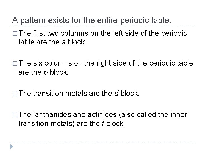 A pattern exists for the entire periodic table. � The first two columns on A pattern exists for the entire periodic table. � The first two columns on