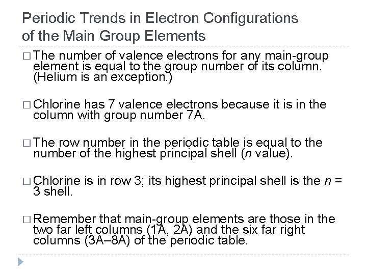 Periodic Trends in Electron Configurations of the Main Group Elements � The number of Periodic Trends in Electron Configurations of the Main Group Elements � The number of