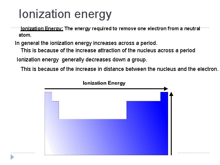 Ionization energy Ionization Energy: The energy required to remove one electron from a neutral Ionization energy Ionization Energy: The energy required to remove one electron from a neutral