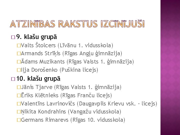 � 9. klašu grupā �Valts Štolcers (Līvānu 1. vidusskola) �Armands Strīķis (Rīgas Angļu ģimnāzija)