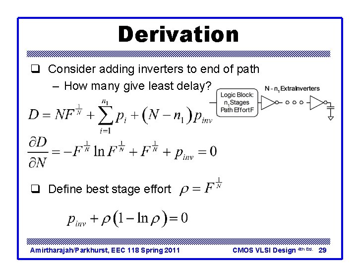Derivation q Consider adding inverters to end of path – How many give least Derivation q Consider adding inverters to end of path – How many give least
