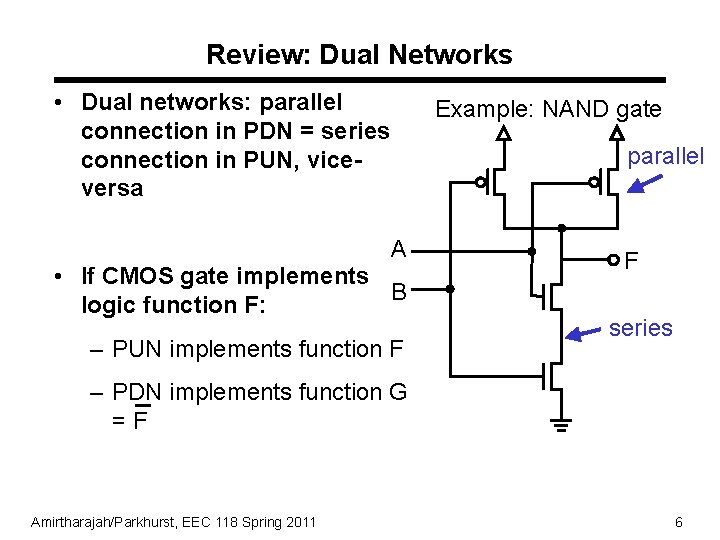 Review: Dual Networks • Dual networks: parallel connection in PDN = series connection in Review: Dual Networks • Dual networks: parallel connection in PDN = series connection in