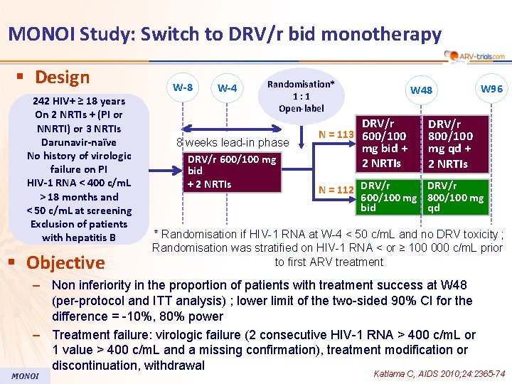 MONOI Study: Switch to DRV/r bid monotherapy § Design 242 HIV+ ≥ 18 years