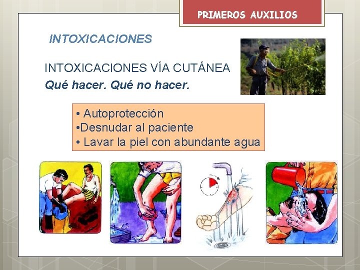 PRIMEROS AUXILIOS INTOXICACIONES VÍA CUTÁNEA Qué hacer. Qué no hacer. • Autoprotección • Desnudar