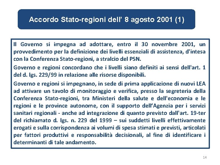 Accordo Stato-regioni dell’ 8 agosto 2001 (1) Il Governo si impegna ad adottare, entro