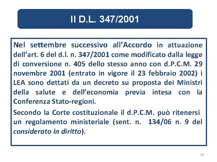 Il D. L. 347/2001 Nel settembre successivo all’Accordo in attuazione dell’art. 6 del d.