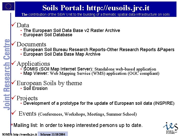 Soils Portal: http: //eusoils. jrc. it The contribution of the S&W Unit to the
