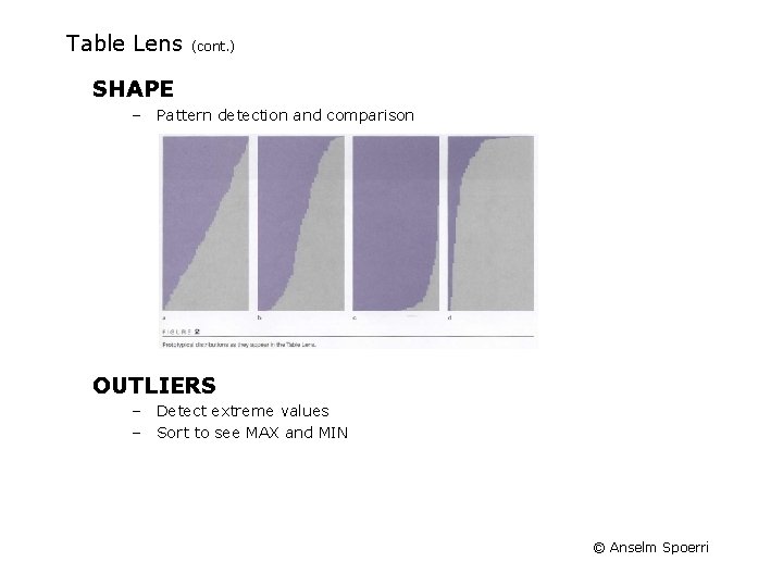 Table Lens (cont. ) SHAPE – Pattern detection and comparison OUTLIERS – Detect extreme