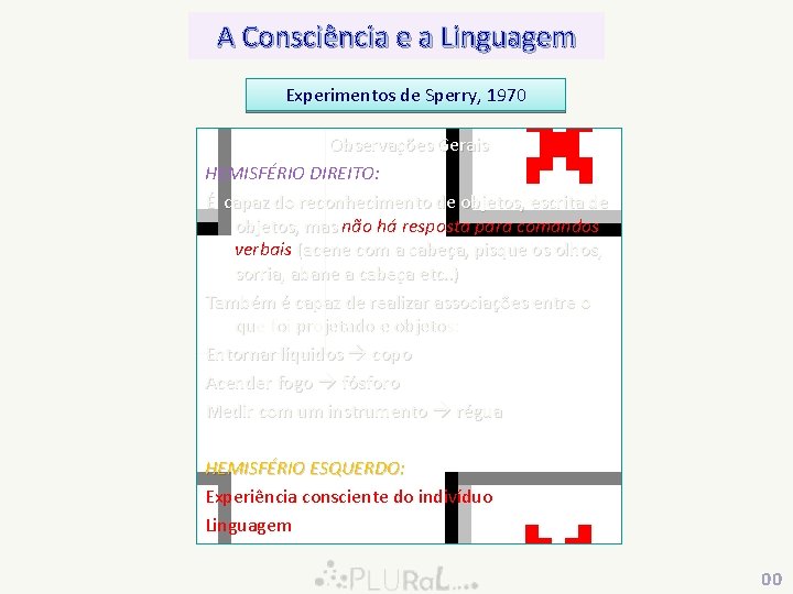 A Consciência e a Linguagem Experimentos de Sperry, 1970 Observações Gerais HEMISFÉRIO DIREITO: É