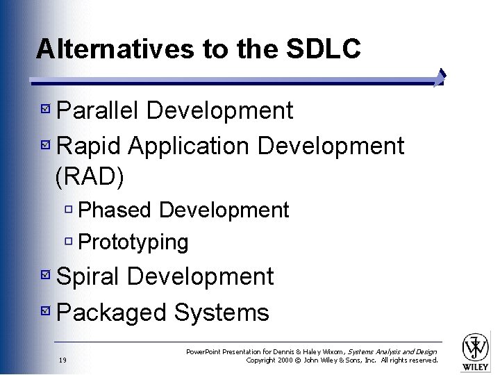 Alternatives to the SDLC Parallel Development Rapid Application Development (RAD) Phased Development Prototyping Spiral