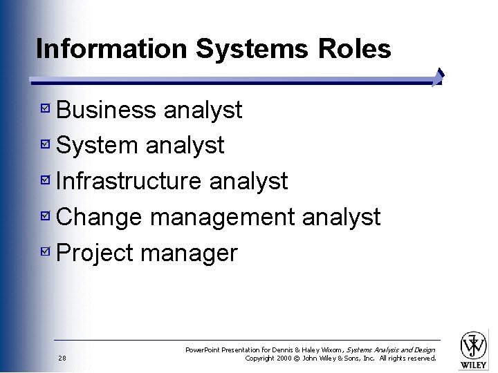 Information Systems Roles Business analyst System analyst Infrastructure analyst Change management analyst Project manager