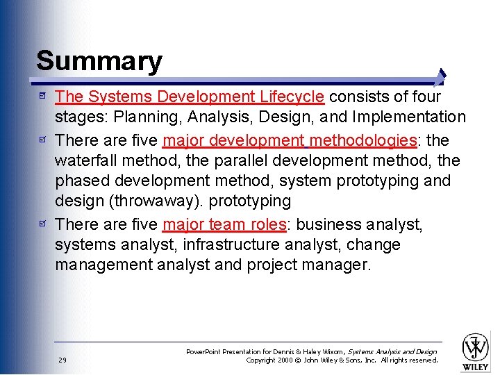 Summary The Systems Development Lifecycle consists of four stages: Planning, Analysis, Design, and Implementation