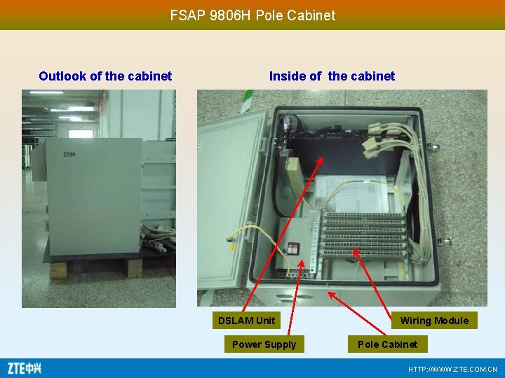FSAP 9806 H Pole Cabinet Outlook of the cabinet Inside of the cabinet DSLAM