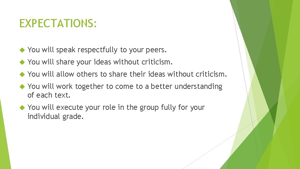 EXPECTATIONS: You will speak respectfully to your peers. You will share your ideas without