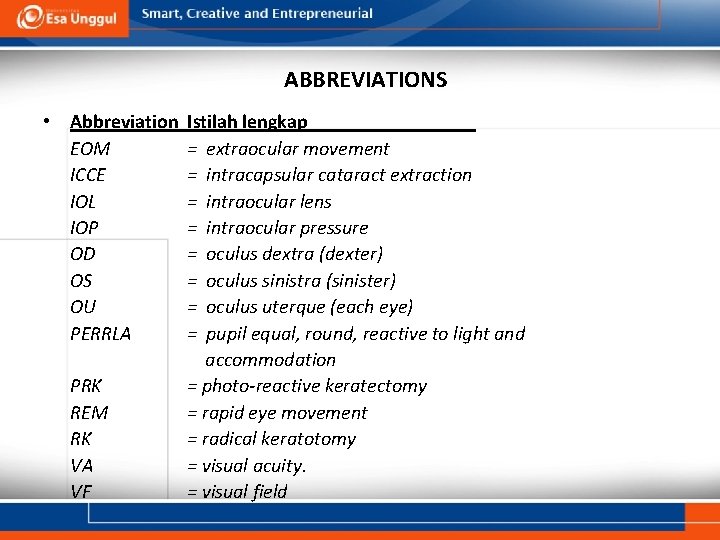 ABBREVIATIONS • Abbreviation EOM ICCE IOL IOP OD OS OU PERRLA PRK REM RK