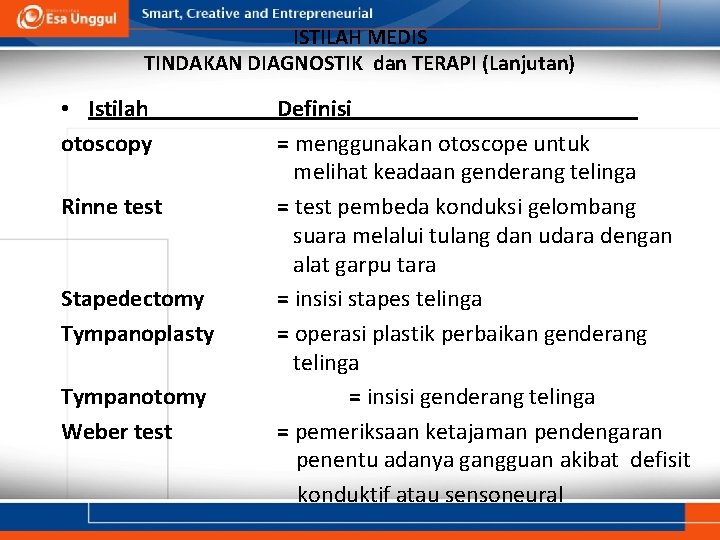 ISTILAH MEDIS TINDAKAN DIAGNOSTIK dan TERAPI (Lanjutan) • Istilah otoscopy Rinne test Stapedectomy Tympanoplasty