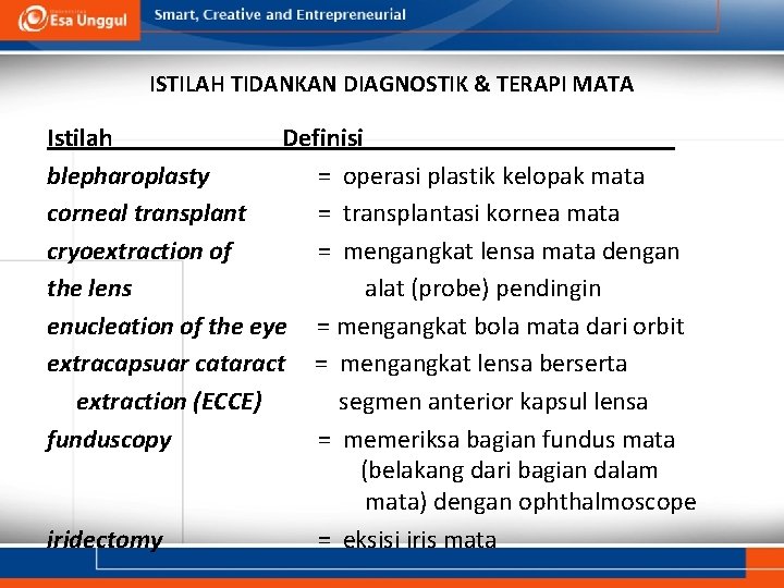 ISTILAH TIDANKAN DIAGNOSTIK & TERAPI MATA Istilah Definisi blepharoplasty = operasi plastik kelopak mata