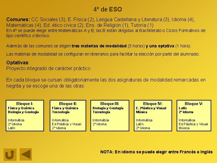 4º de ESO Comunes: CC Sociales (3), E. Física (2), Lengua Castellana y Literatura