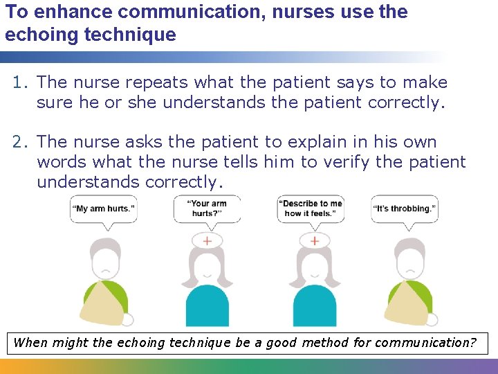 To enhance communication, nurses use the echoing technique 1. The nurse repeats what the