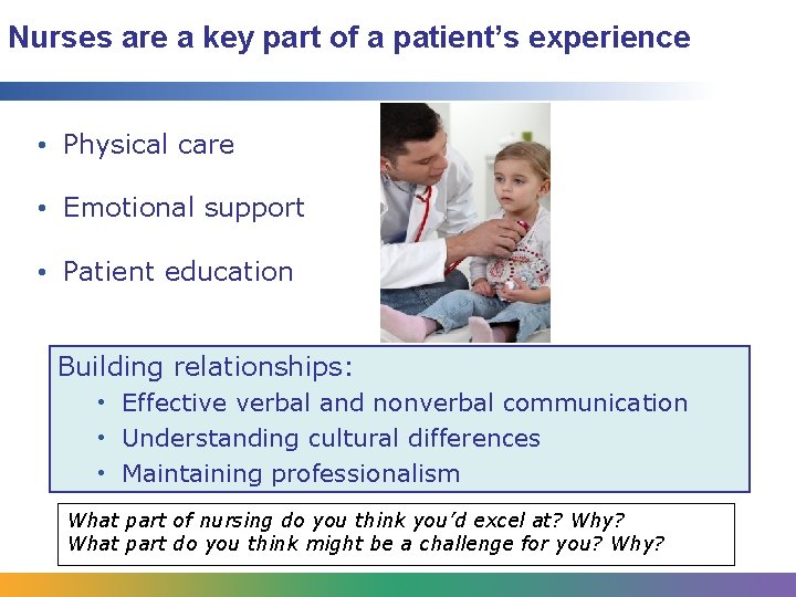 Nurses are a key part of a patient’s experience • Physical care • Emotional