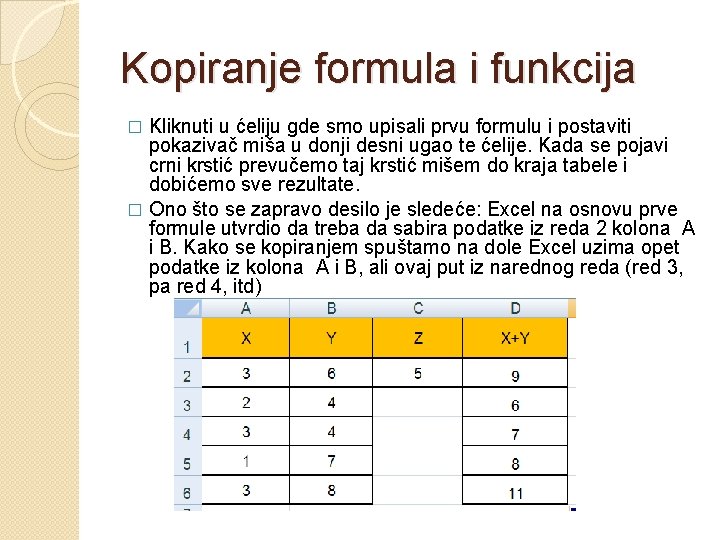 Kopiranje formula i funkcija Kliknuti u ćeliju gde smo upisali prvu formulu i postaviti