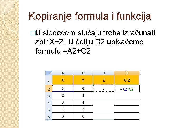 Kopiranje formula i funkcija �U sledećem slučaju treba izračunati zbir X+Z. U ćeliju D