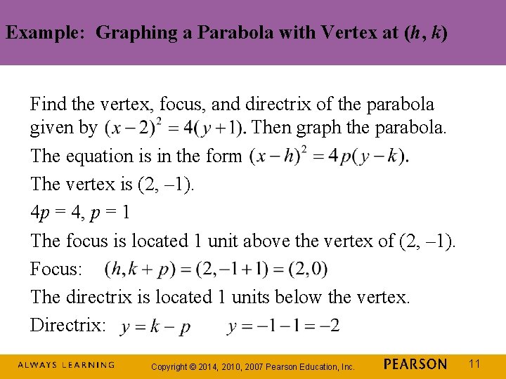 Example: Graphing a Parabola with Vertex at (h, k) Find the vertex, focus, and Example: Graphing a Parabola with Vertex at (h, k) Find the vertex, focus, and