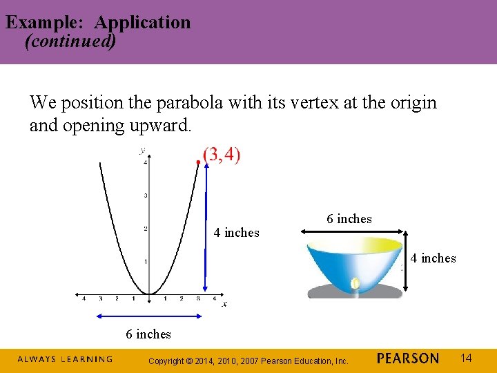 Example: Application (continued) We position the parabola with its vertex at the origin and Example: Application (continued) We position the parabola with its vertex at the origin and