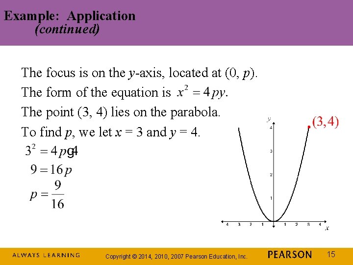 Example: Application (continued) The focus is on the y-axis, located at (0, p). The Example: Application (continued) The focus is on the y-axis, located at (0, p). The