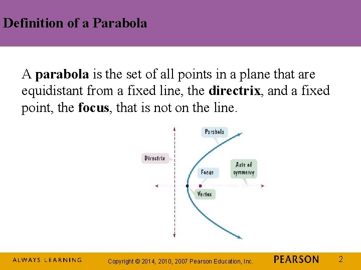 Definition of a Parabola A parabola is the set of all points in a Definition of a Parabola A parabola is the set of all points in a