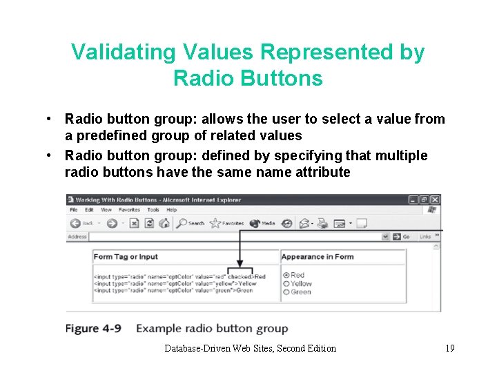 Validating Values Represented by Radio Buttons • Radio button group: allows the user to