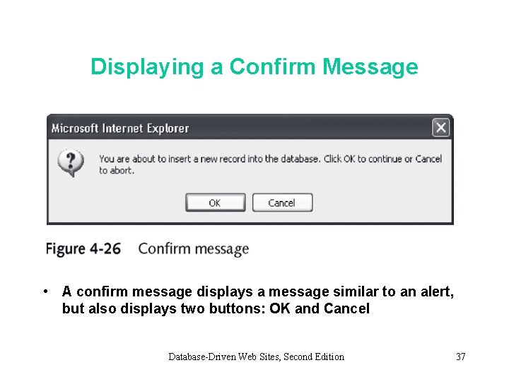 Displaying a Confirm Message • A confirm message displays a message similar to an