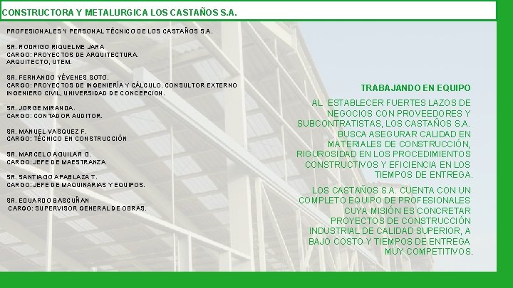 CONSTRUCTORA Y METALURGICA LOS CASTAÑOS S. A. PROFESIONALES Y PERSONAL TÉCNICO DE LOS CASTAÑOS