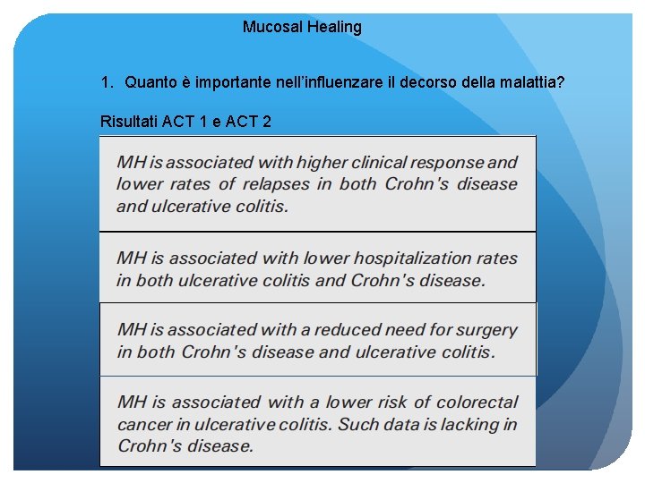 Mucosal Healing 1. Quanto è importante nell’influenzare il decorso della malattia? Risultati ACT 1