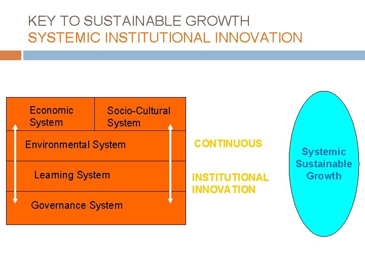 KEY TO SUSTAINABLE GROWTH SYSTEMIC INSTITUTIONAL INNOVATION Economic System Socio-Cultural System Environmental System Learning