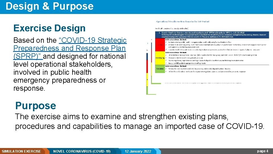 Design & Purpose Exercise Design Based on the “COVID-19 Strategic Preparedness and Response Plan