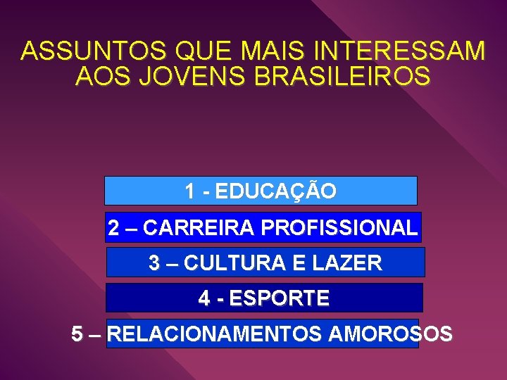 ASSUNTOS QUE MAIS INTERESSAM AOS JOVENS BRASILEIROS 1 - EDUCAÇÃO 2 – CARREIRA PROFISSIONAL