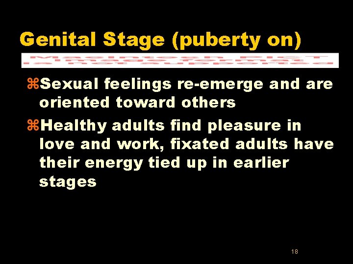 Genital Stage (puberty on) z. Sexual feelings re-emerge and are oriented toward others z.