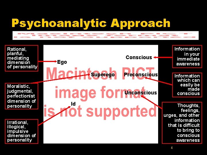 Psychoanalytic Approach Rational, planful, mediating dimension of personality Conscious Ego Superego Moralistic, judgmental, perfectionist