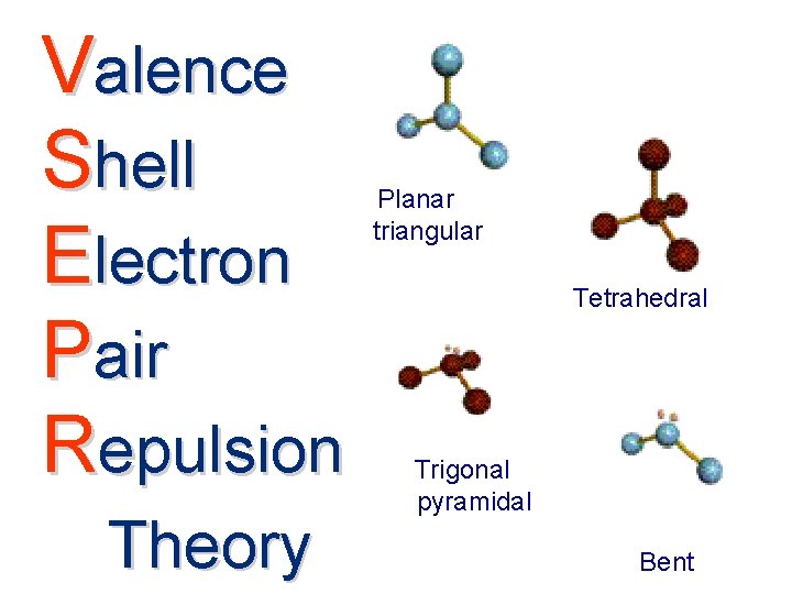 Valence Shell Electron Pair Repulsion Theory Planar triangular Tetrahedral Trigonal pyramidal Bent 