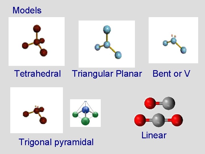 Models Tetrahedral Triangular Planar Trigonal pyramidal Bent or V Linear 