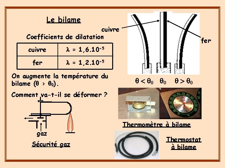 Le bilame cuivre Coefficients de dilatation cuivre l = 1, 6. 10 -5 fer