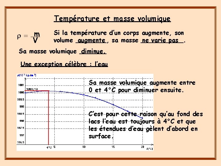 Température et masse volumique Si la température d’un corps augmente, son volume ____, augmente