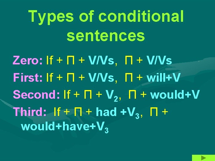 Types of conditional sentences Zero: If + П + V/Vs, П + V/Vs First: